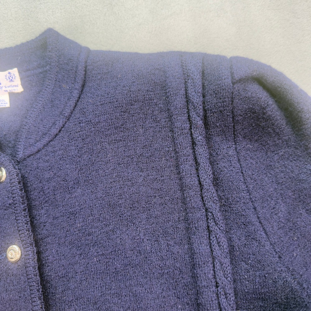 Deans of Scotland Navy Blue Wool Cardigan Sweater Size Large Puff Sleeve Vintage - Picture 6 of 10
